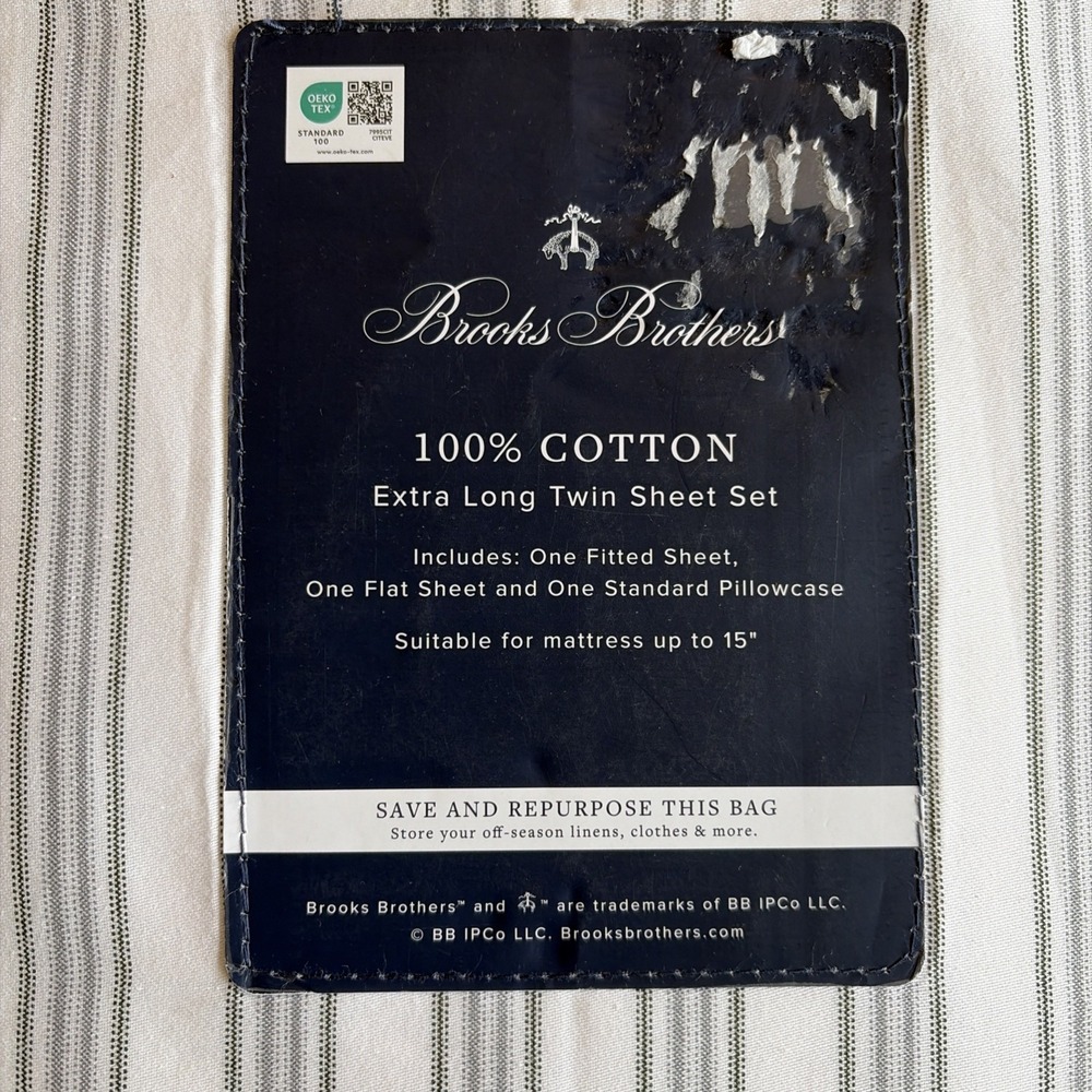 Brooks Brothers Twin XL Sheet Set 100% Cotton Grey Striped 15" Deep Mattress - Picture 2 of 6